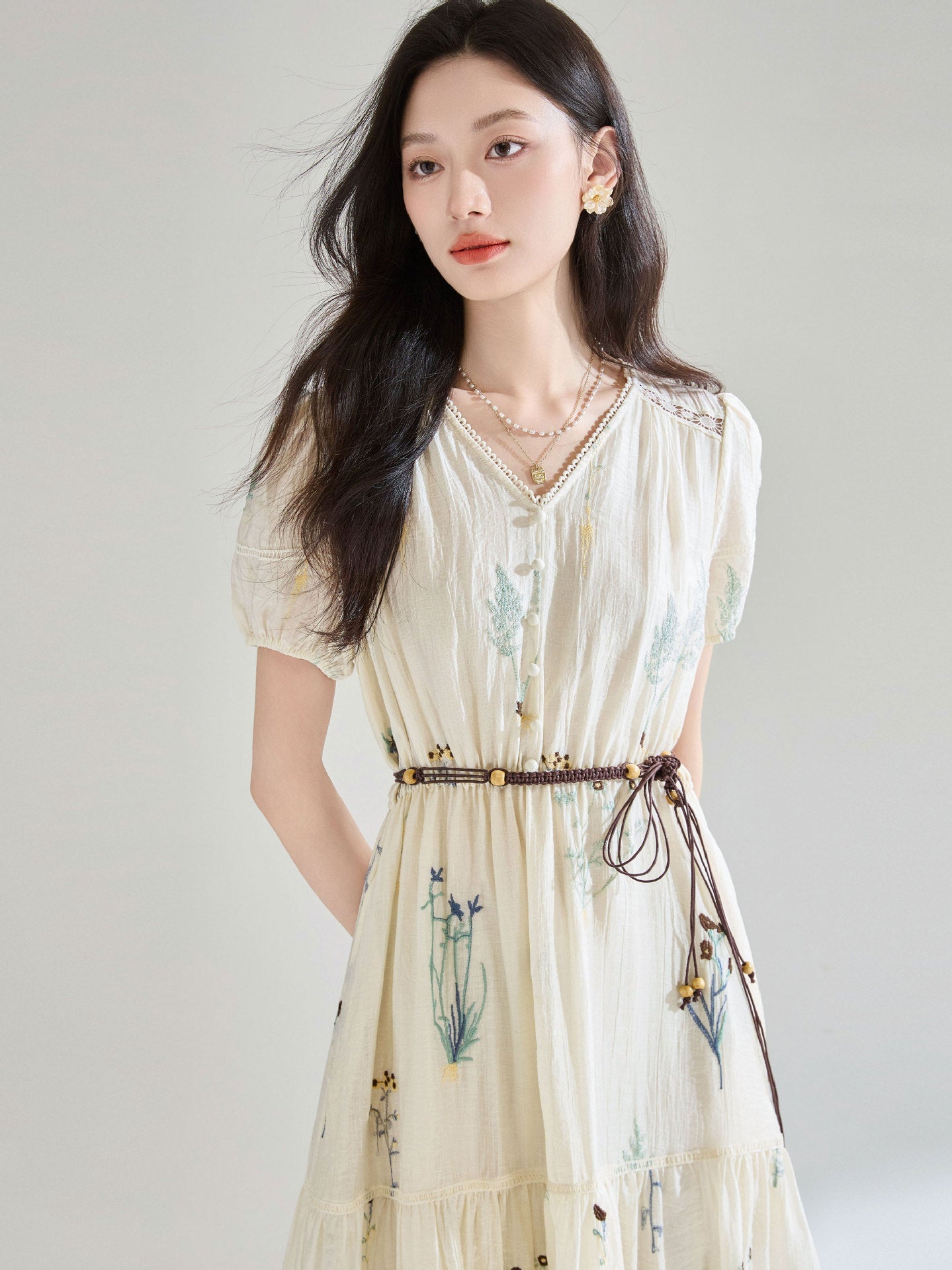 French Embroidered Tencel Pleated Textured midi Dress