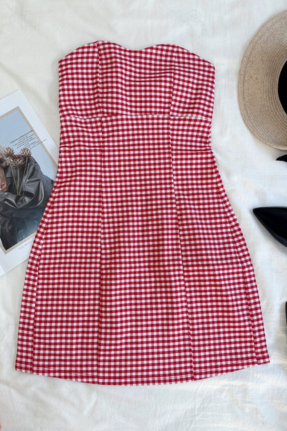 slim bandeau plaid mini dress