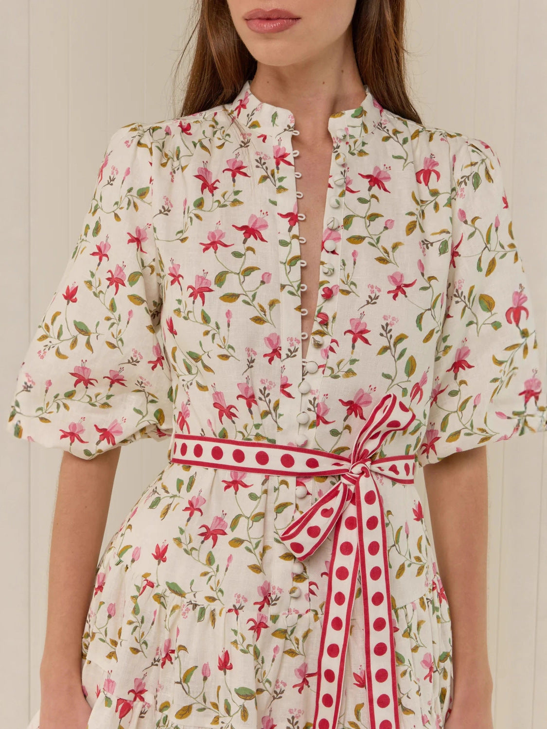 Belt Floral Puff Sleeve Mini Dress