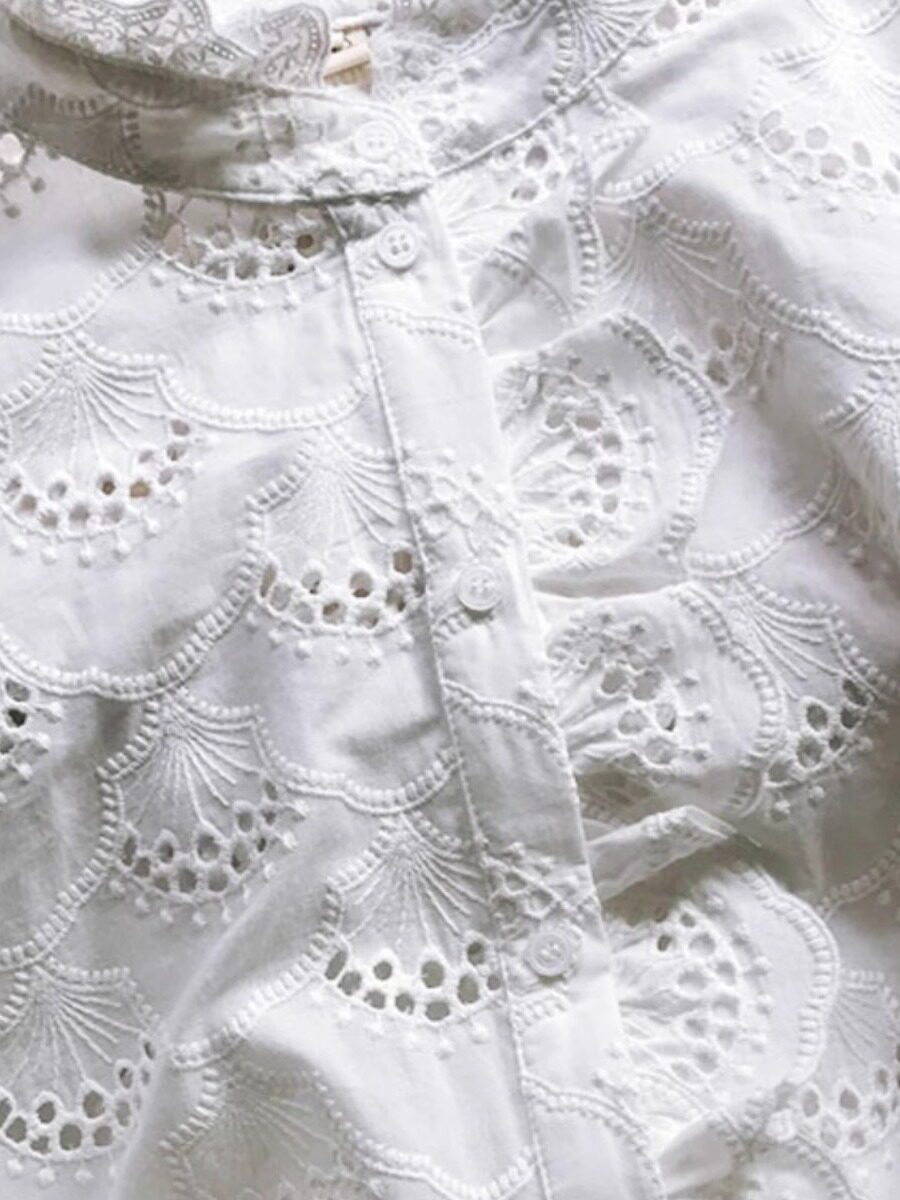 White Embroidered Hollow Ruffle Stand Collar Single-Breasted  Shirt