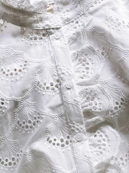 White Embroidered Hollow Ruffle Stand Collar Single-Breasted  Shirt