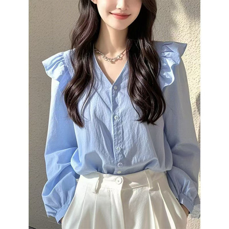 v-neck ruffle trim Long-sleeved shirt - blue