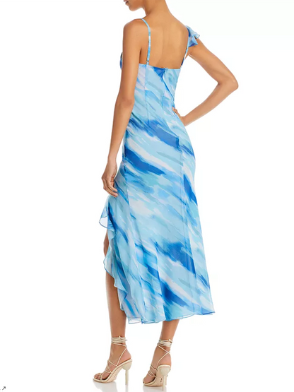 Blue Ocean V-Neck Ruffle Suspender Side Slit Dress
