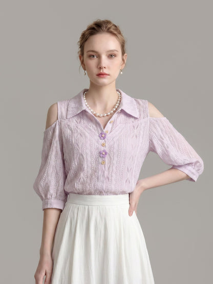 Cold Shoulder Collared Eyelet Blouse With 3D Floral Buttons