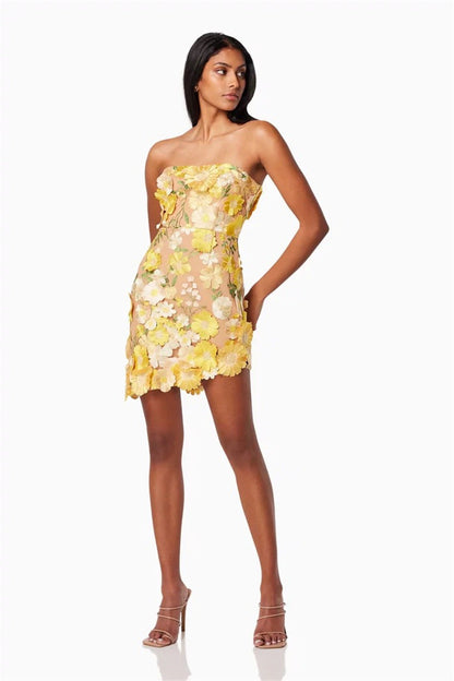 Yellow Floral Strapless Mini Dress - Summer Party Dress