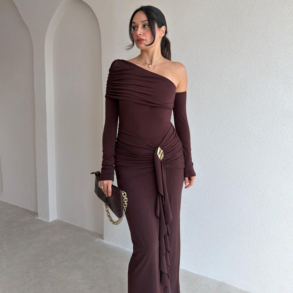 Asymmetric One-Shoulder Burgundy Midi Dress Premium Fabric - product view 3