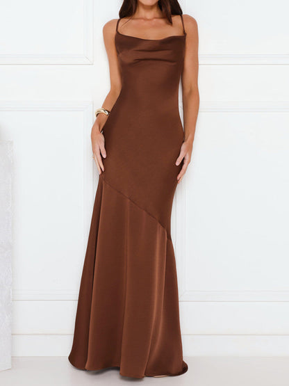 brown suspender backless mermaid evening dress
