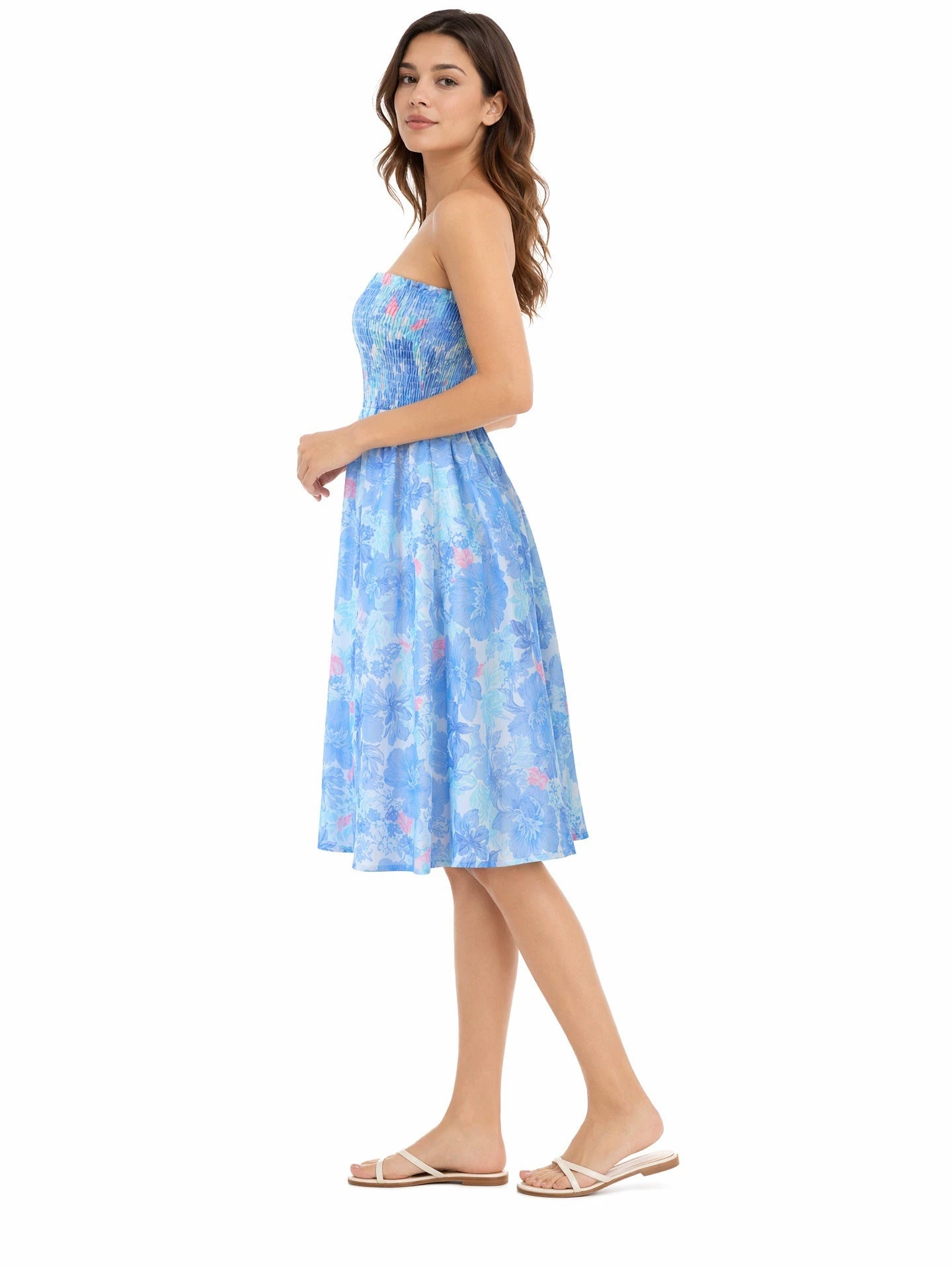 Beach-print strapless midi dress in blue