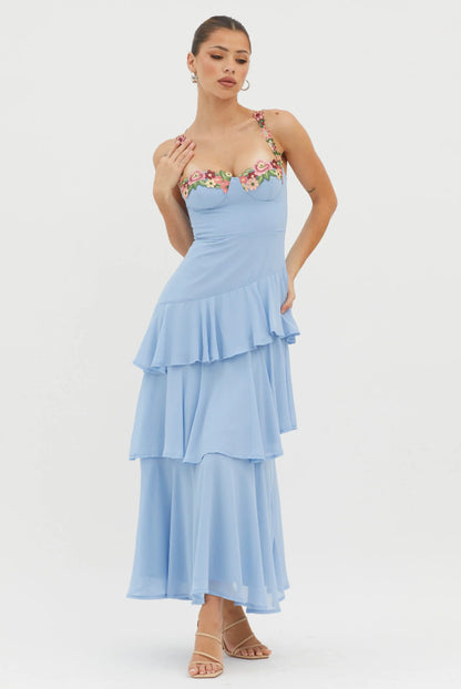 blue Cascading Ruffle Floral Decorative Dress