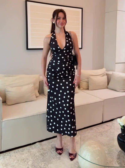 black Polka Dot Halter-Neck Sleeveless Waist-Cinching  Dress