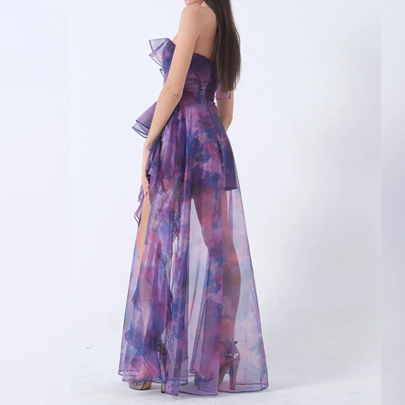 purple chiffon bandeau print dress
