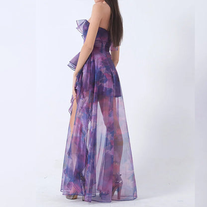 purple chiffon bandeau print dress