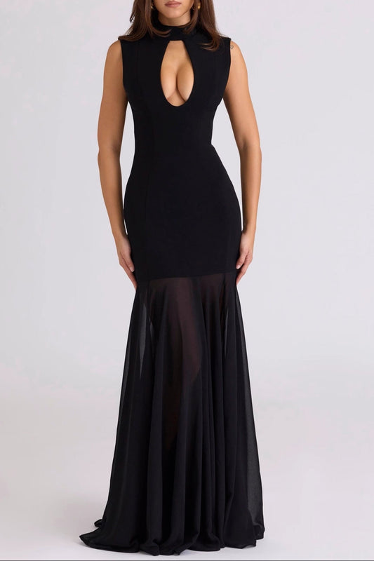 black mesh patchwork maxi dress