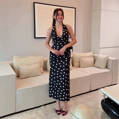 black Polka Dot Halter-Neck Sleeveless Waist-Cinching  Dress