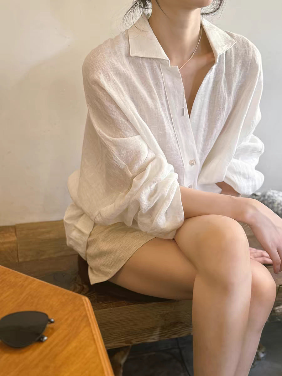 V-neck lightweight linen long-sleeved shirt for summer