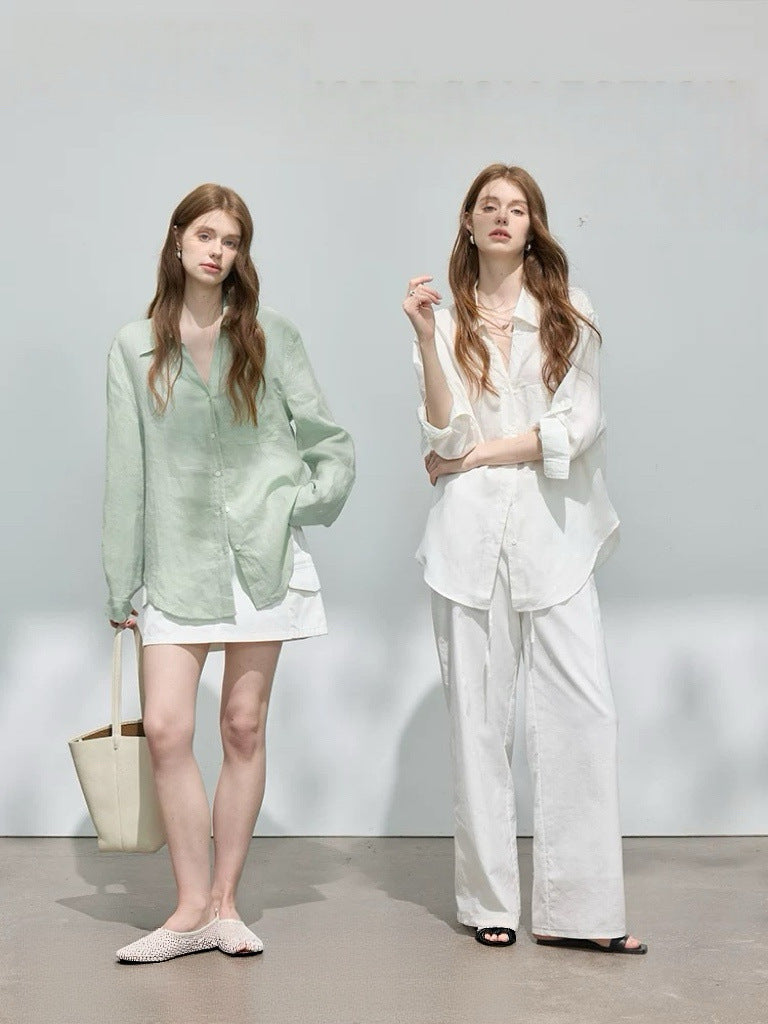 Loose-fitting lapel ramie long-sleeve shirt