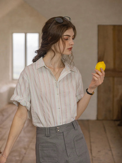 striped color-block patched rolled-sleeve shirt