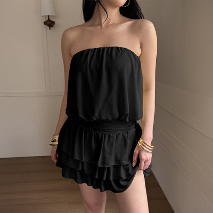 black cascading ruffle mini dress