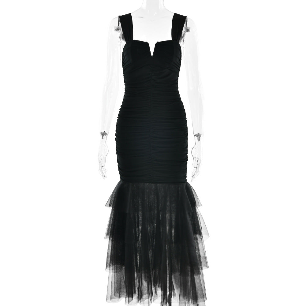 black spliced slip dress