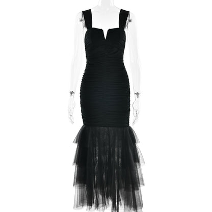 black spliced slip dress