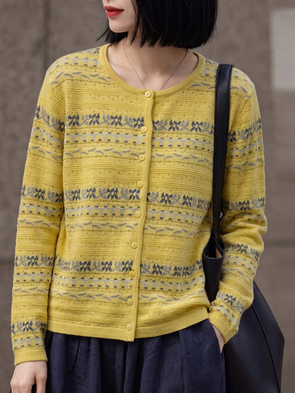 New Crew-neck Jacquard Cut-out Cardigan