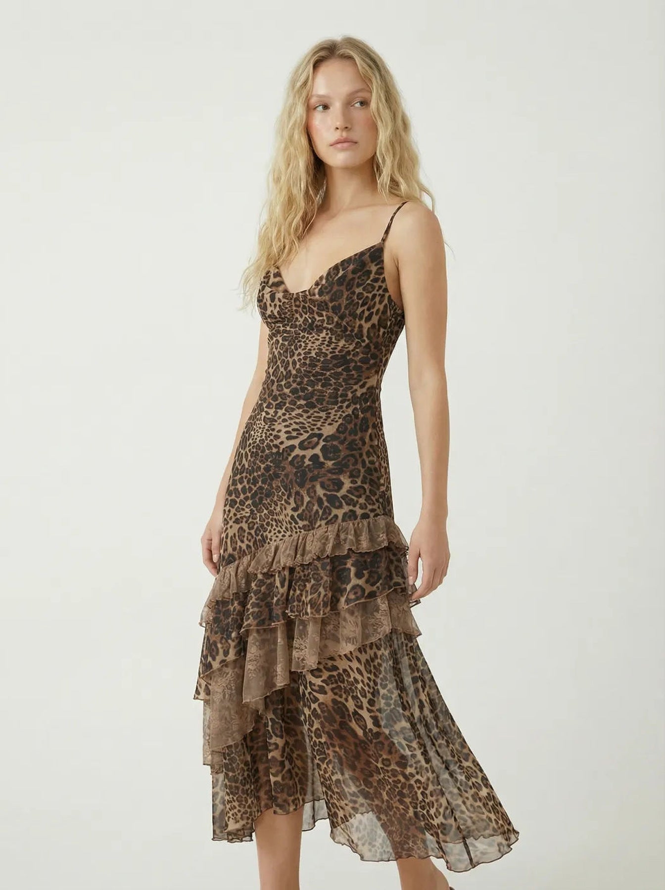 Leopard-print sheer camisole backless maxi dress with ruffles