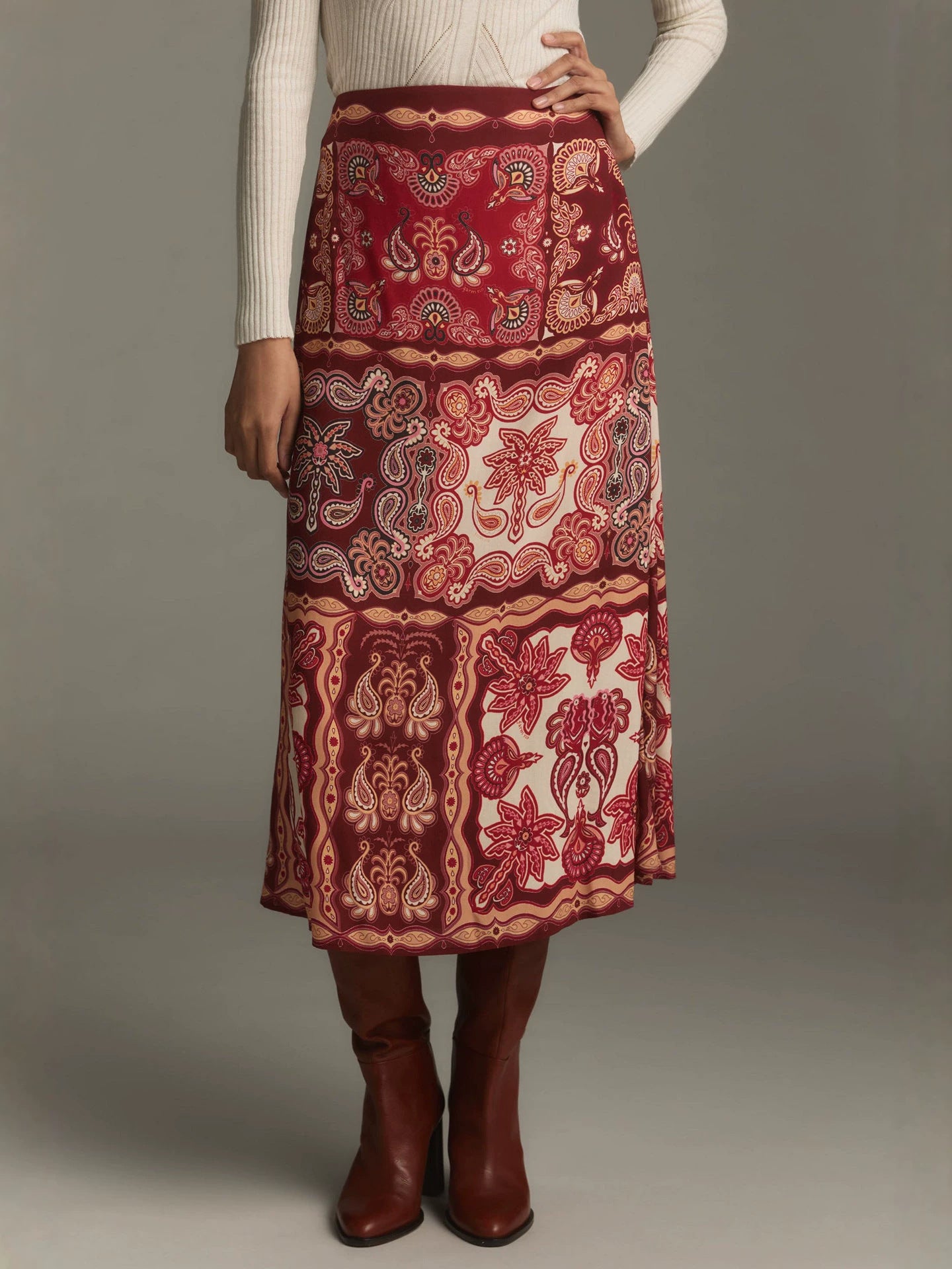 Resort-style floral printed A-line midi skirt