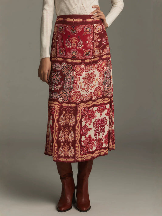 Resort-style floral printed A-line midi skirt