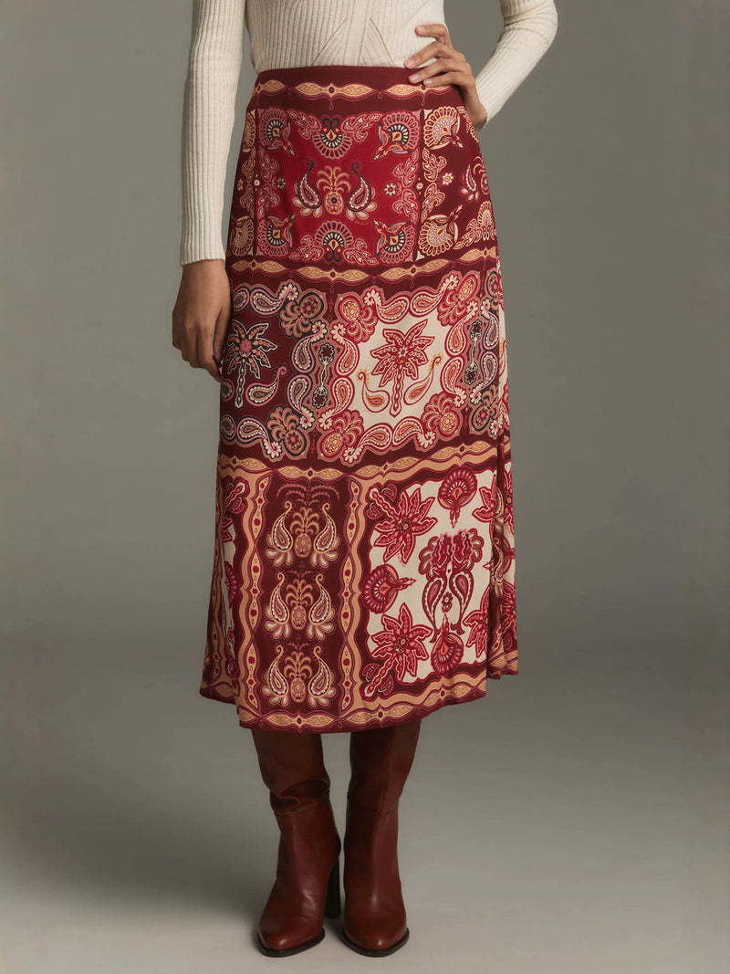 Resort-style floral printed A-line midi skirt