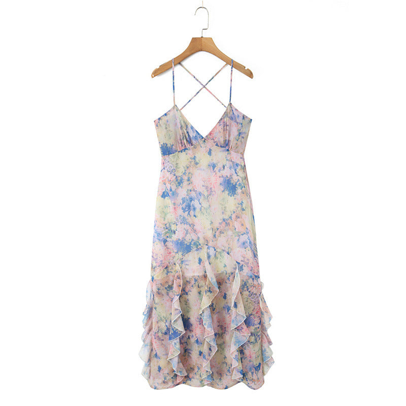 rebecca Floral print ruffle backless maxi dress - blue