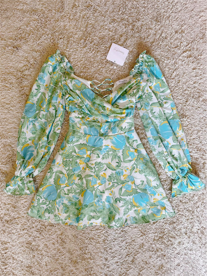 Off Shoulder Lace-Up Back Floral Puff Sleeve Mini Dress