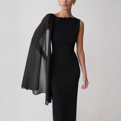 black one-shoulder streamer hip-hugging dress