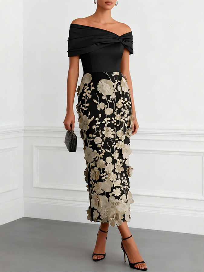 Off-shoulder midi dress with faux 3D floral embroidery