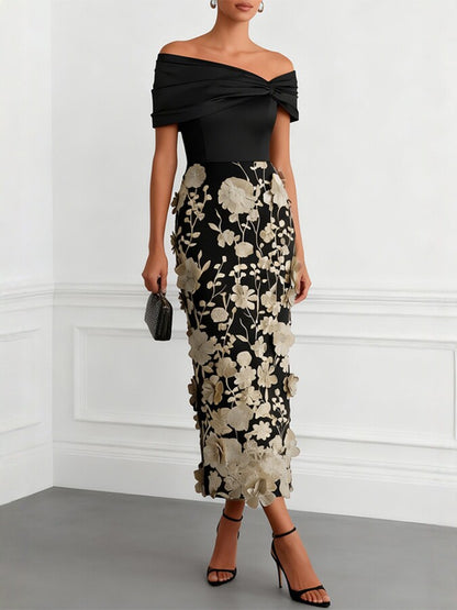 Off-shoulder midi dress with faux 3D floral embroidery