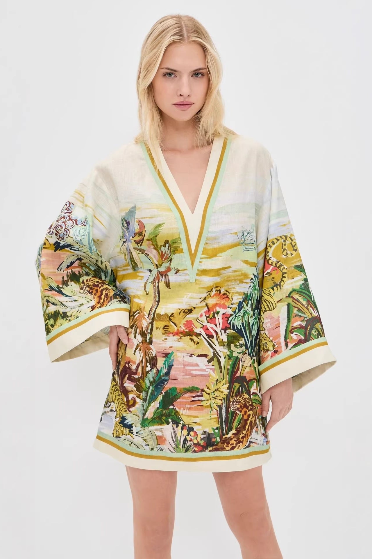 Vacation v-neck print long-sleeved mini dress