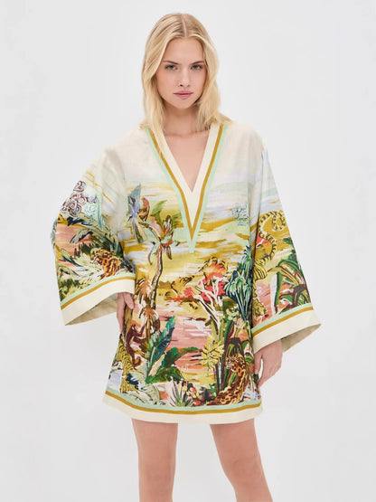 Vacation v-neck print long-sleeved mini dress