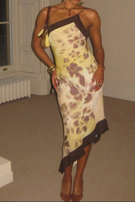Printed Backless Cami midi Dress in yellow