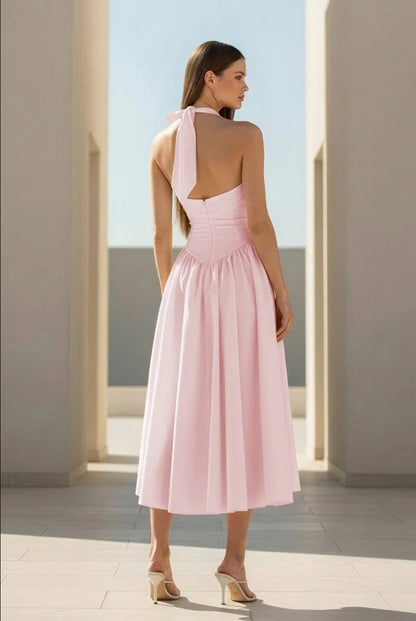 pink Halter Strappy Backless midi Dress