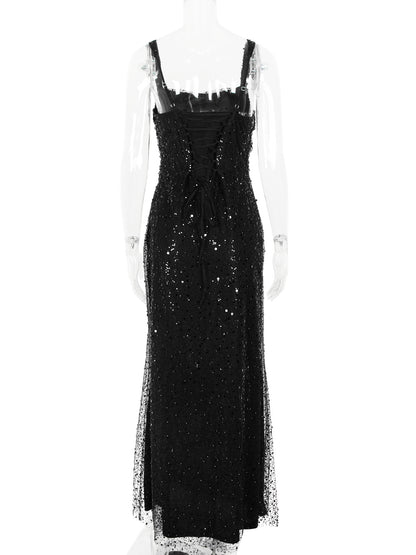 black sequin suspender evening dress