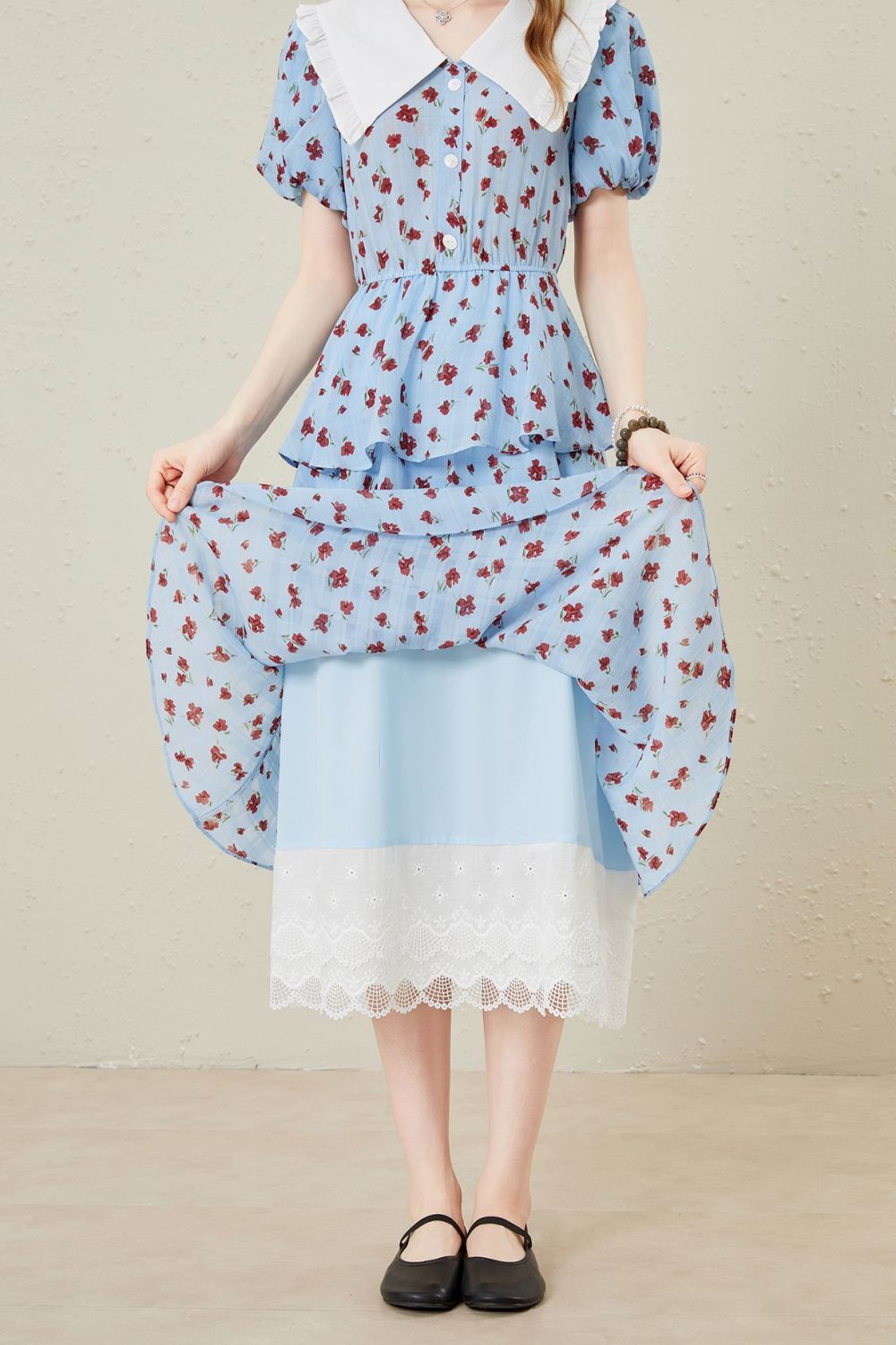 lace splicing print Tiered maxi dress in blue