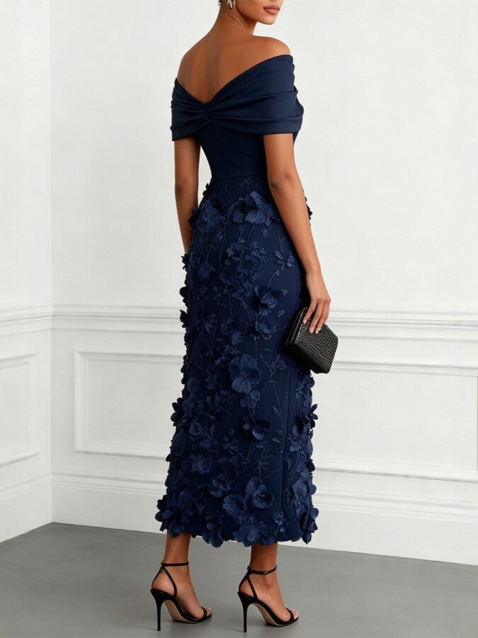 Off-shoulder midi dress with faux 3D floral embroidery