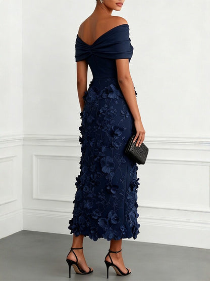 Off-shoulder midi dress with faux 3D floral embroidery