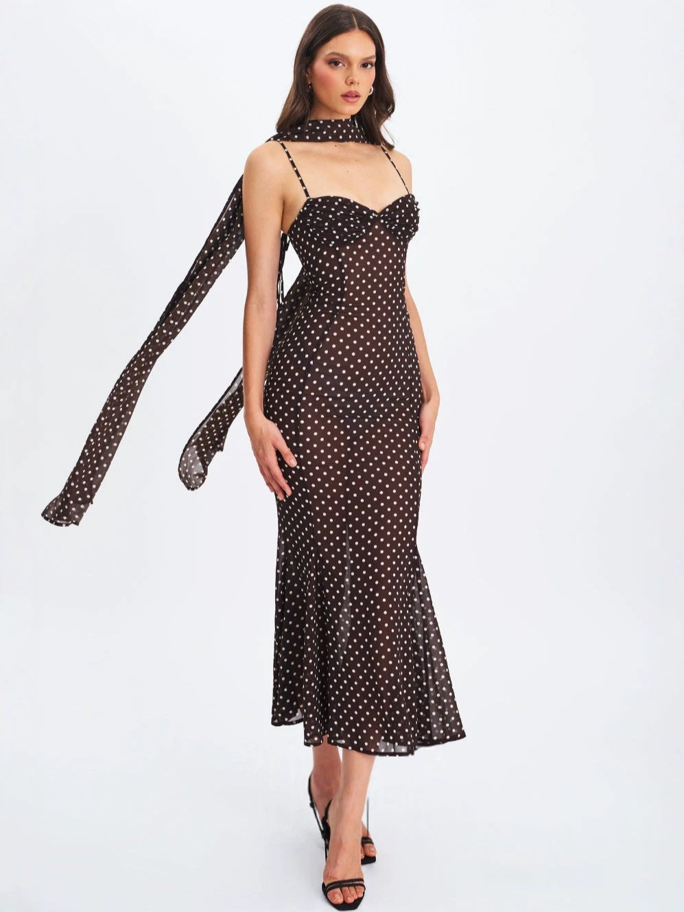 suspender scarf decorated with polka dot print backless dress