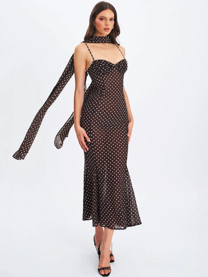 suspender scarf decorated with polka dot print backless dress