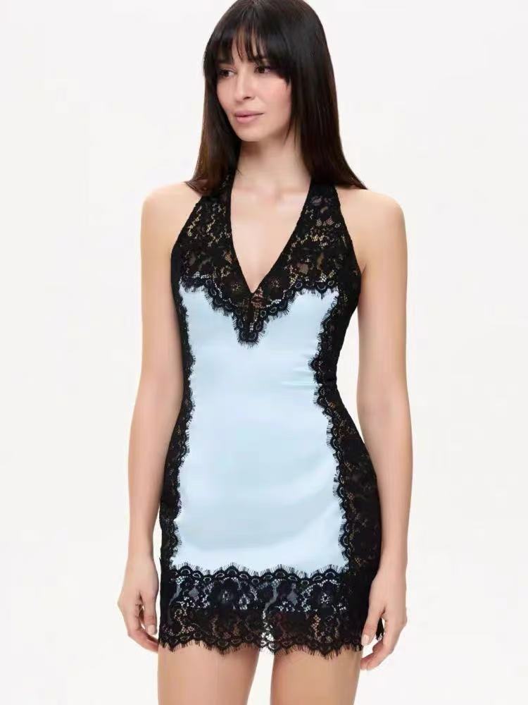 halter V-neck lace patchwork spaghetti strap mini dress