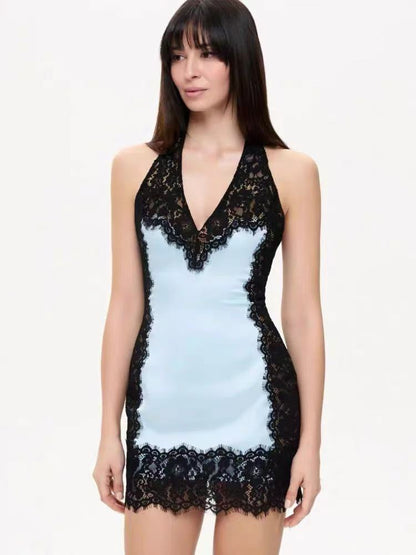 halter V-neck lace patchwork spaghetti strap mini dress