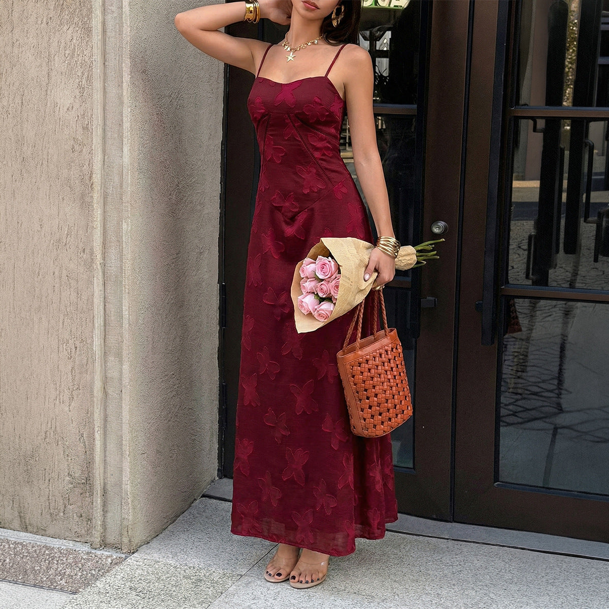 red wine jacquard suspender waist dress