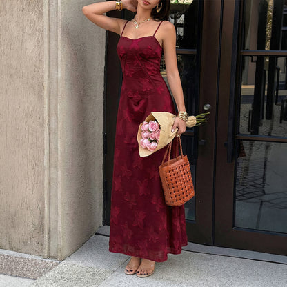 red wine jacquard suspender waist dress