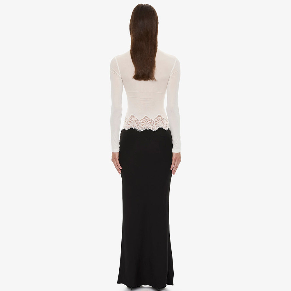 Premium Fabric Long-Sleeve Cut-Out Top with Lace Detail Premium Fabric - product view 10