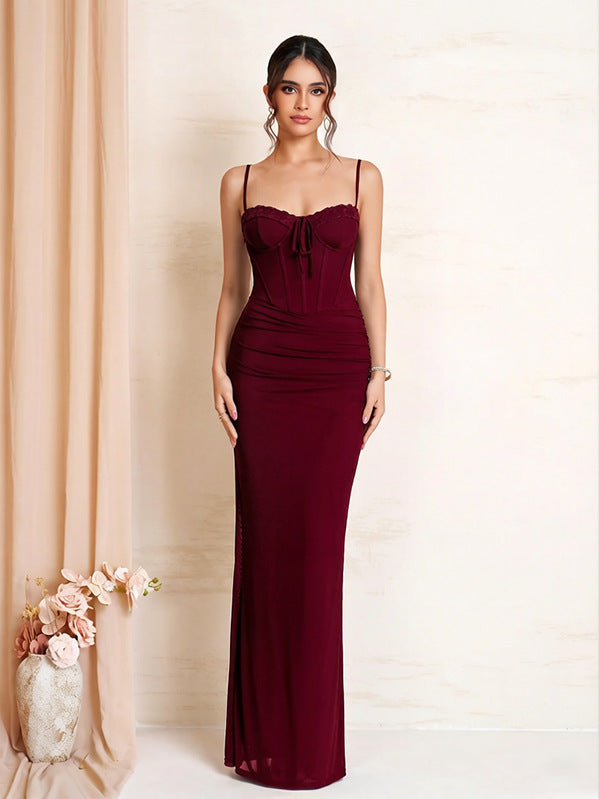 red wine suspender mesh lace patchwork lace-up pleated dress